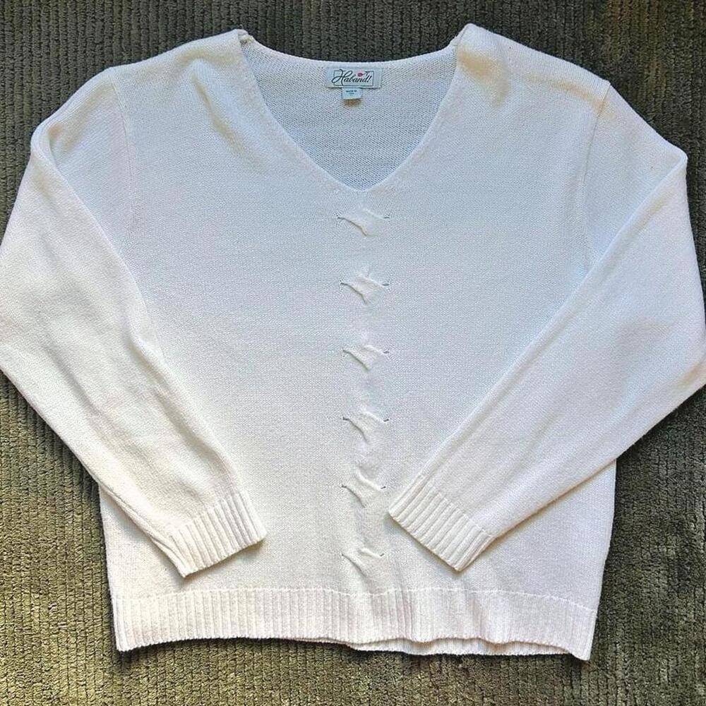 Vintage 90s Women’s White Lace Up Knit Sweater Long Sleeve - Size XL